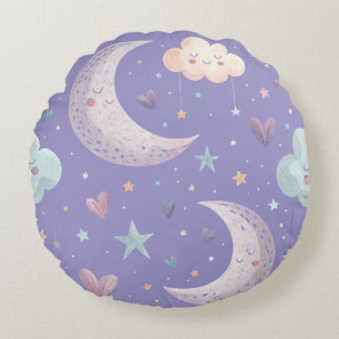 Lila Mond und Wolken Rundkissen Rundes Kissen