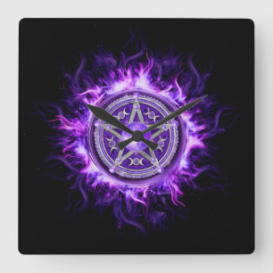 Lila MondPentagramm Quadratische Wanduhr