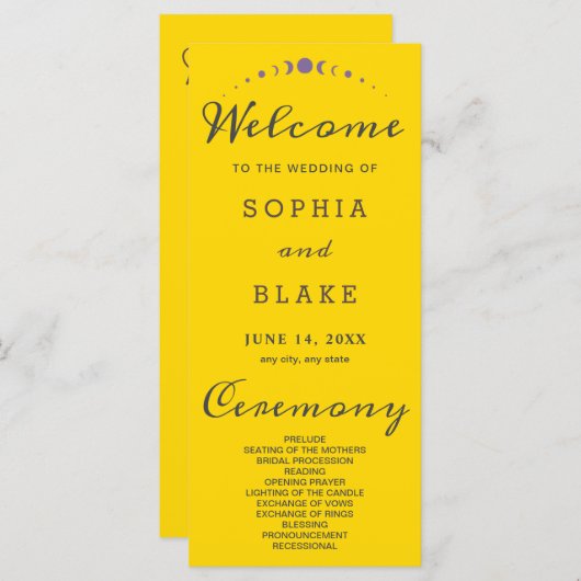 Lila Mondphasen Gold-Hochzeitsprogramm (Vorne/Hinten)