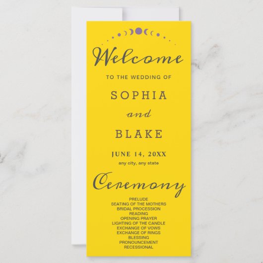 Lila Mondphasen Gold-Hochzeitsprogramm (Vorderseite)