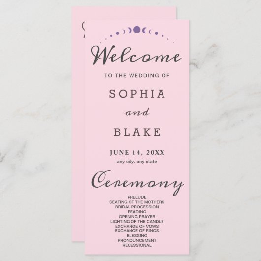 Lila Mondphasen Soft Pink Hochzeitsprogramm (Vorne/Hinten)