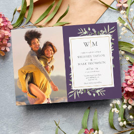 Lila Mongram Greenery Foto Wedding Einladung