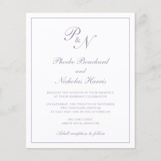 Lila Mongram Hochzeitseinladung (Vorderseite)