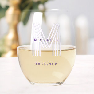 Lila Monogram Bridesmaid Wedding Bachelorette Weinglas Ohne Stiel