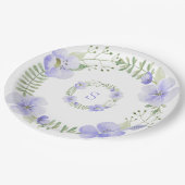 Lila Monogram Floral Watercolor Elegante Hochzeit Pappteller (Schrägansicht)