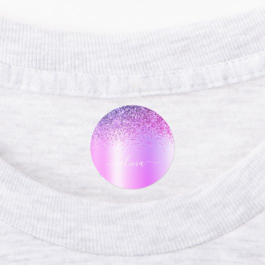 Lila Monogram Glitzer Sparkle Girly Script Etiketten (Befestigt)