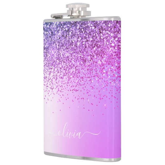 Lila Monogram Glitzer Sparkle Girly Script Flachmann (Links)