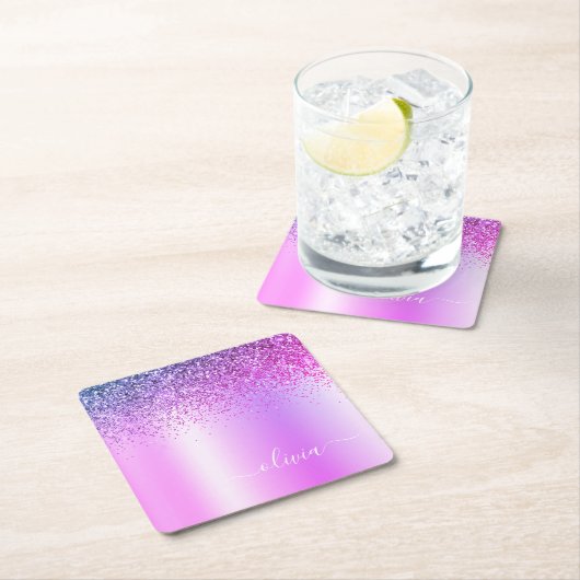 Lila Monogram Glitzer Sparkle Girly Script Rechteckiger Pappuntersetzer (Vor Ort)