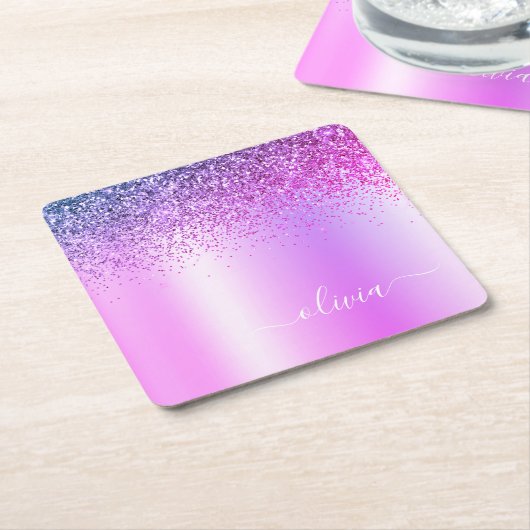 Lila Monogram Glitzer Sparkle Girly Script Rechteckiger Pappuntersetzer (angewinkelt)