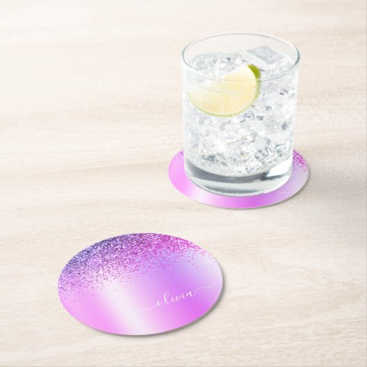 Lila Monogram Glitzer Sparkle Girly Script Runder Pappuntersetzer (Vor Ort)