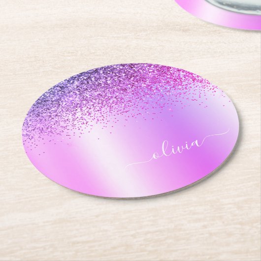 Lila Monogram Glitzer Sparkle Girly Script Runder Pappuntersetzer (Angewinkelt)