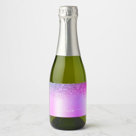 Lila Monogram Glitzer Sparkle Girly Script Schaumweinetikett (Vorderseite)
