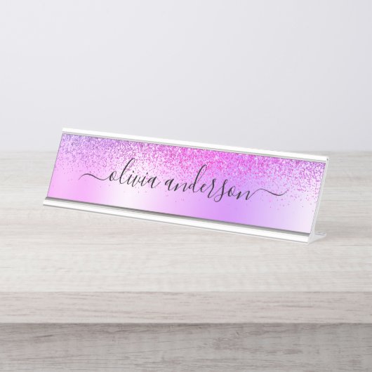Lila Monogram Glitzer Sparkle Girly Script Schreibtischnamensplakette (Vorderseite )
