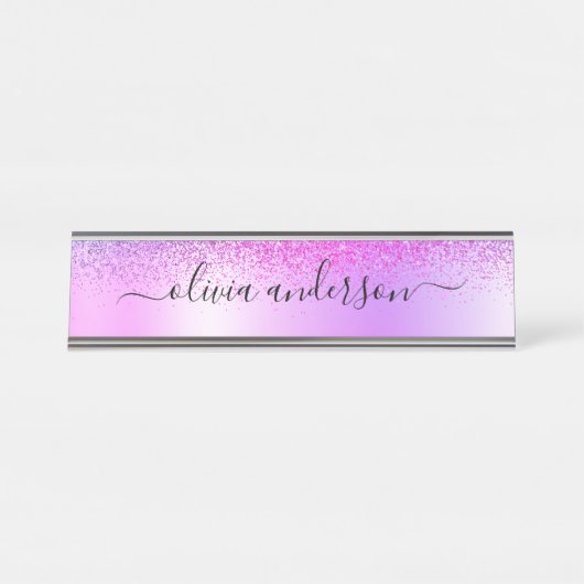 Lila Monogram Glitzer Sparkle Girly Script Schreibtischnamensplakette (Vorderseite )