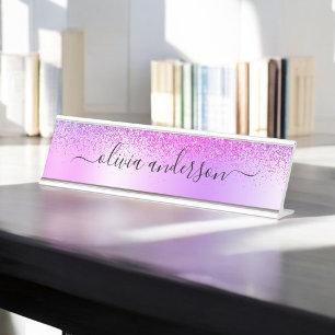 Lila Monogram Glitzer Sparkle Girly Script Schreibtischnamensplakette