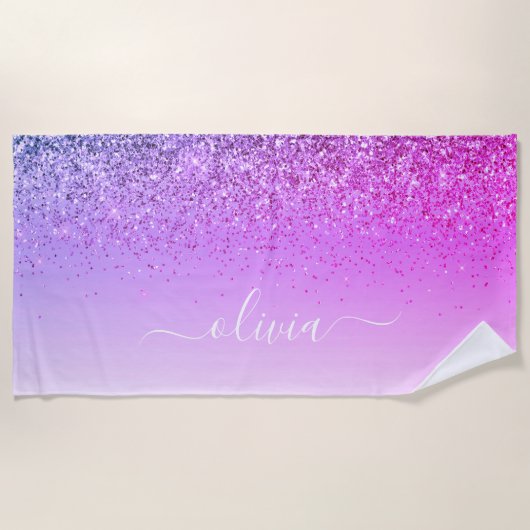 Lila Monogram Glitzer Sparkle Girly Script Strandtuch (Vorderseite)
