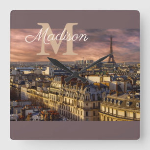 Lila Monogram Paris Eiffel Tower Foto Quadratische Wanduhr