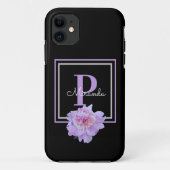 Lila Monogram Pink Peony Blume Black Case-Mate iPhone Hülle (Rückseite)