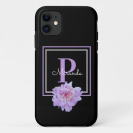 Lila Monogram Pink Peony Blume Black Case-Mate iPhone Hülle