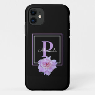 Lila Monogram Pink Peony Blume Black Case-Mate iPhone Hülle