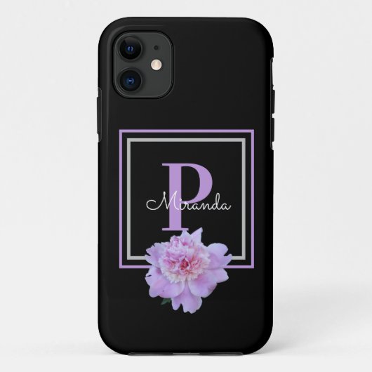 Lila Monogram Pink Peony Blume Black Case-Mate iPhone Hülle (Rückseite)
