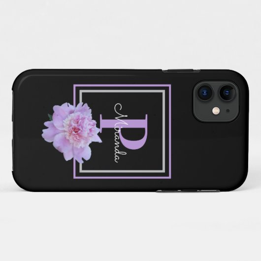 Lila Monogram Pink Peony Blume Black Case-Mate iPhone Hülle (Rückseite (Horizontal))