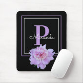 Lila Monogram Pink Peony Blume Black Mousepad (Mit Mouse)