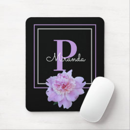 Lila Monogram Pink Peony Blume Black Mousepad