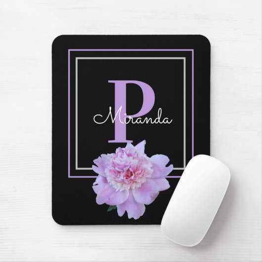 Lila Monogram Pink Peony Blume Black Mousepad (Mit Mouse)
