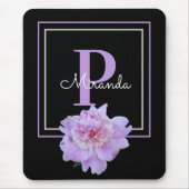 Lila Monogram Pink Peony Blume Black Mousepad (Vorne)