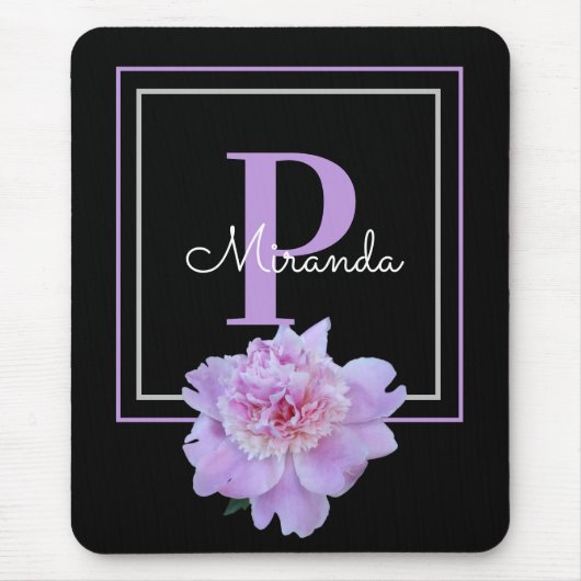 Lila Monogram Pink Peony Blume Black Mousepad (Vorne)