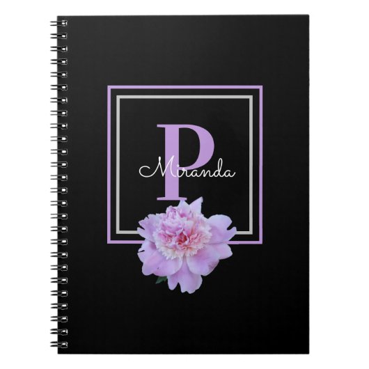 Lila Monogram Pink Peony Blume Black Notizblock (Vorderseite)