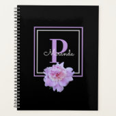 Lila Monogram Pink Peony Blume Black Planer (Vorderseite)