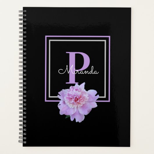 Lila Monogram Pink Peony Blume Black Planer (Vorderseite)