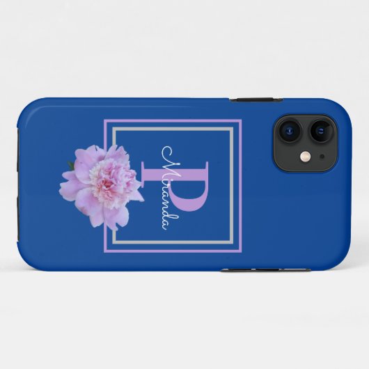 Lila Monogram Pink Peony Blumen Blue Case-Mate iPhone Hülle (Rückseite (Horizontal))