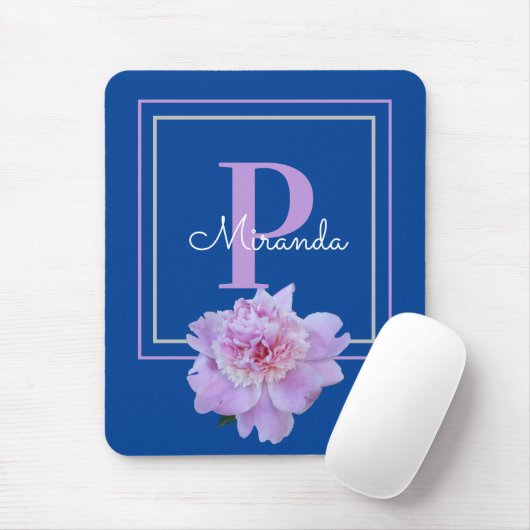 Lila Monogram Pink Peony Blumen Blue Mousepad (Mit Mouse)
