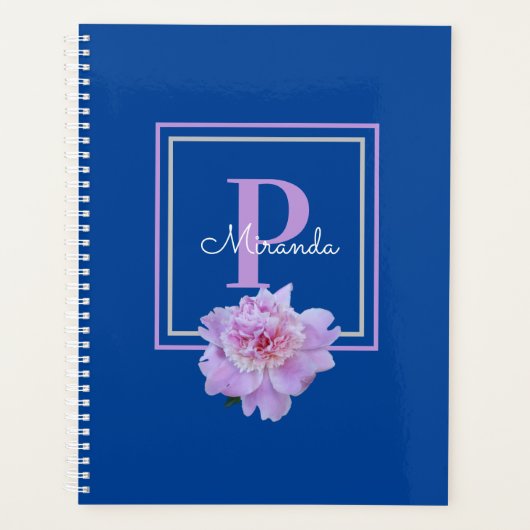 Lila Monogram Pink Peony Blumen Blue Planer (Vorderseite)