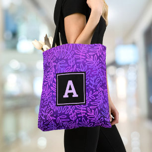 Lila Monogramm-Blattmuster fett, modern Tasche