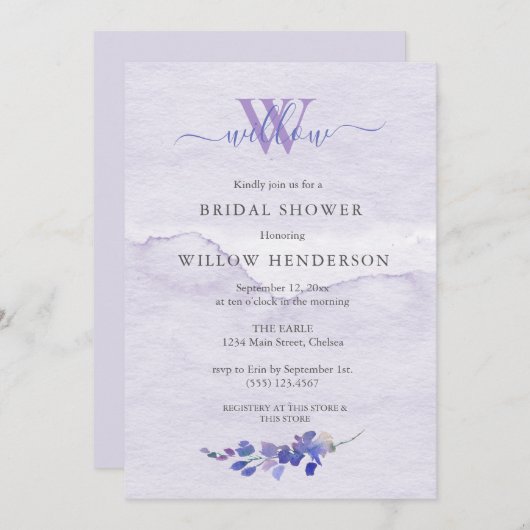 Lila Monogramm-Brautparty Einladung (Vorne/Hinten)