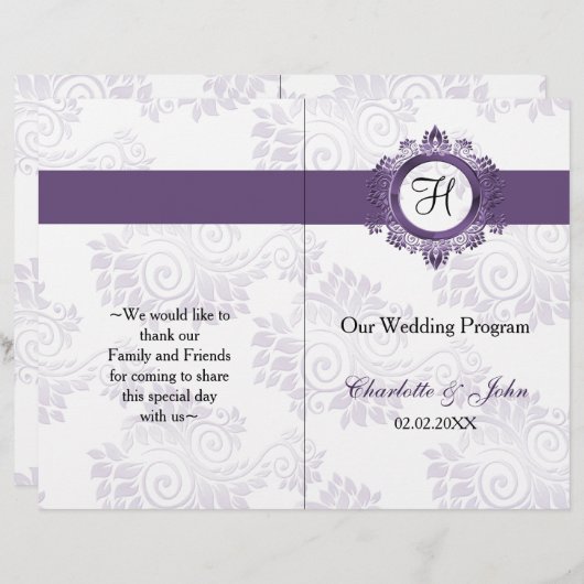 lila Monogramm gefaltetes Hochzeitsprogramm (Vorne/Hinten)