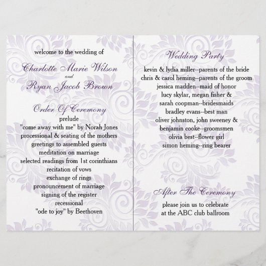 lila Monogramm gefaltetes Hochzeitsprogramm (Rückseite)