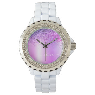 Lila Monogramm Glitter Funkeln Mädchen Schrift Armbanduhr