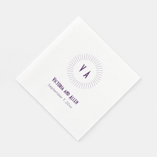 Lila Monogramm mit Name und Datum Hochzeit Serviette (Ecke)