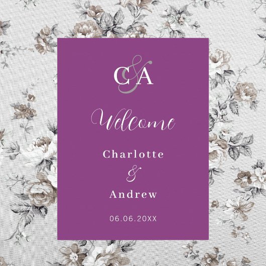 Lila Monogramm moderner einfacher Hochzeitsempfang Poster