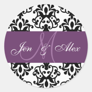 Lila Monogramm-Namen Damask-Hochzeitsszenario-Sieg Runder Aufkleber