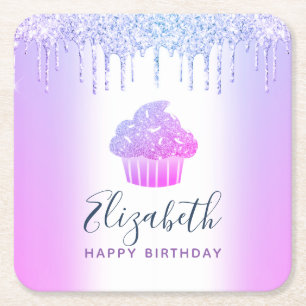 Lila Monogramm Namens-Cupcake Glitter-Tropfen Schr Rechteckiger Pappuntersetzer