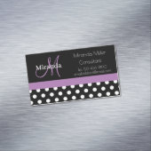 Lila Monogramm Schwarz-weißer Polka-Dot Magnetische Visitenkarte (Beispiel)