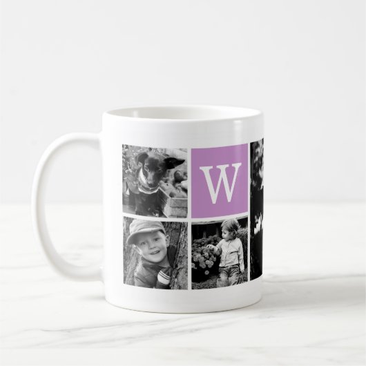Lila Monogramm- und 5-FotoCollage Kaffeetasse (Links)
