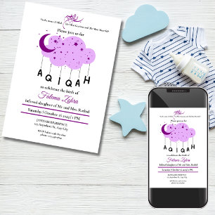 Lila Moon Cloud Star Baby Girl Muslim Aqiqah Einladung