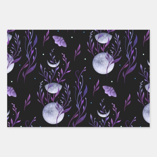 Lila Moon- und Moth-Wrapping-Papierblätter Geschenkpapier Set (Vorderseite 2)